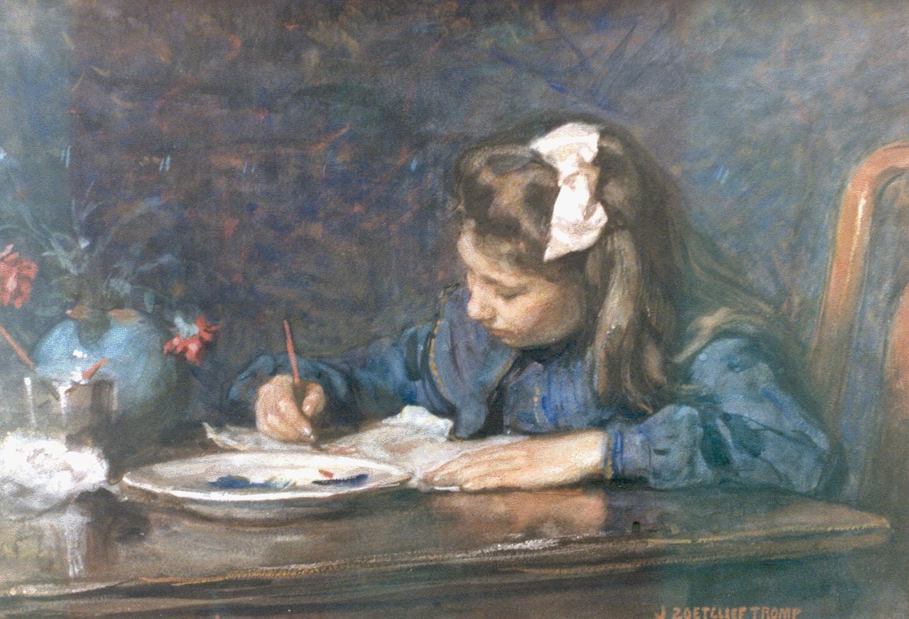 Zoetelief Tromp J.  | Johannes 'Jan' Zoetelief Tromp, Schildersmeisje aan tafel, aquarel op papier 45,0 x 61,5 cm, gesigneerd rechtsonder