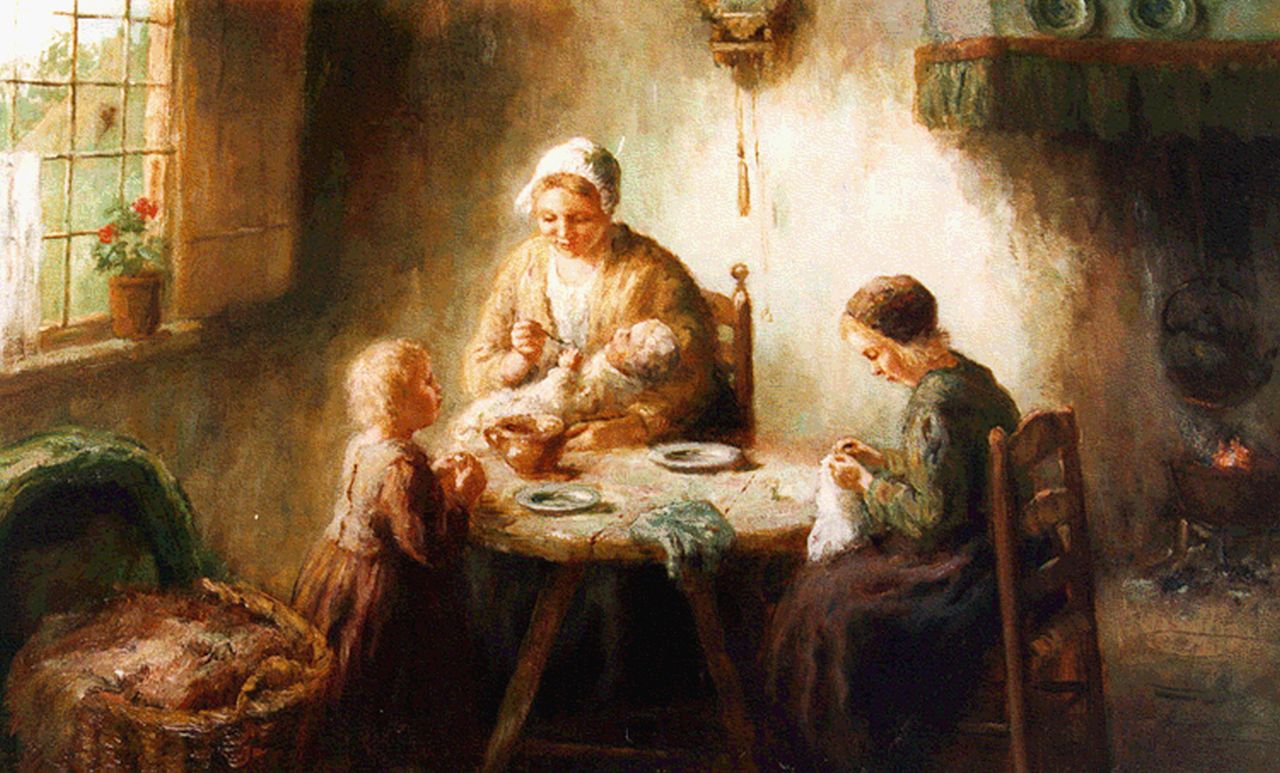 Bouter C.W.  | Cornelis Wouter 'Cor' Bouter, Larens interieur met moeder en kinderen aan tafel, olieverf op doek 51,0 x 71,2 cm, gesigneerd rechtsonder