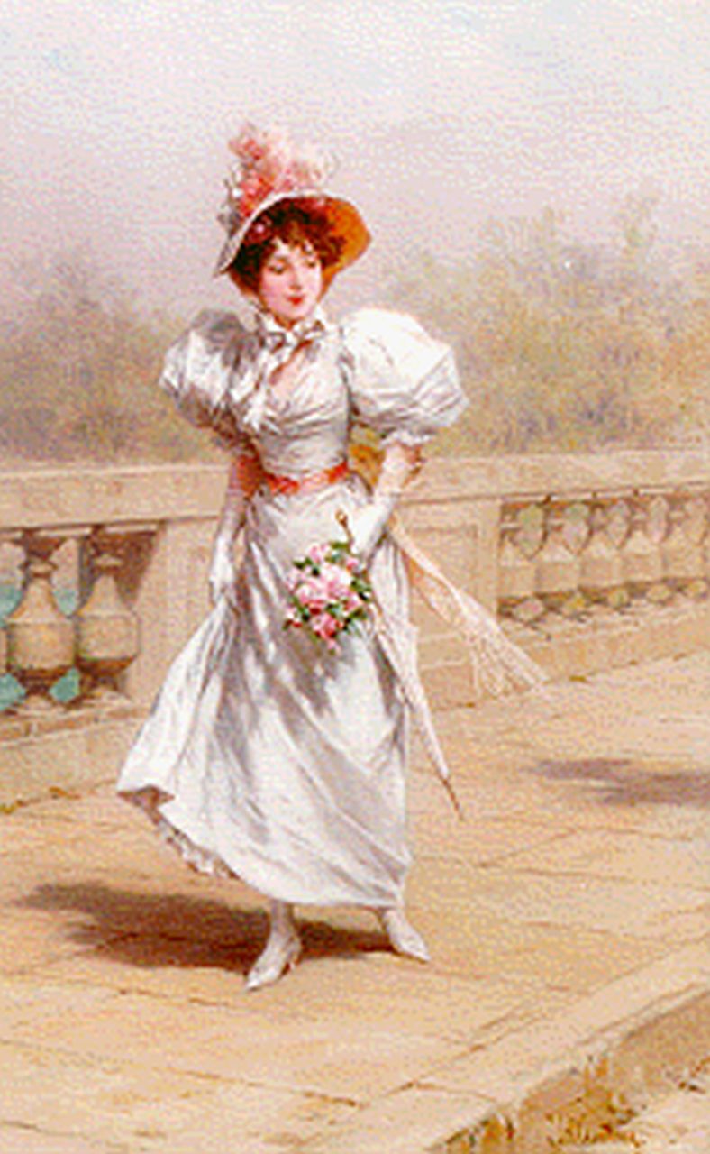 Kaemmerer F.H.  | Frederik Hendrik Kaemmerer, Jonge vrouw wandelend over een brug, olieverf op doek 46,0 x 32,5 cm, gesigneerd rechtsonder