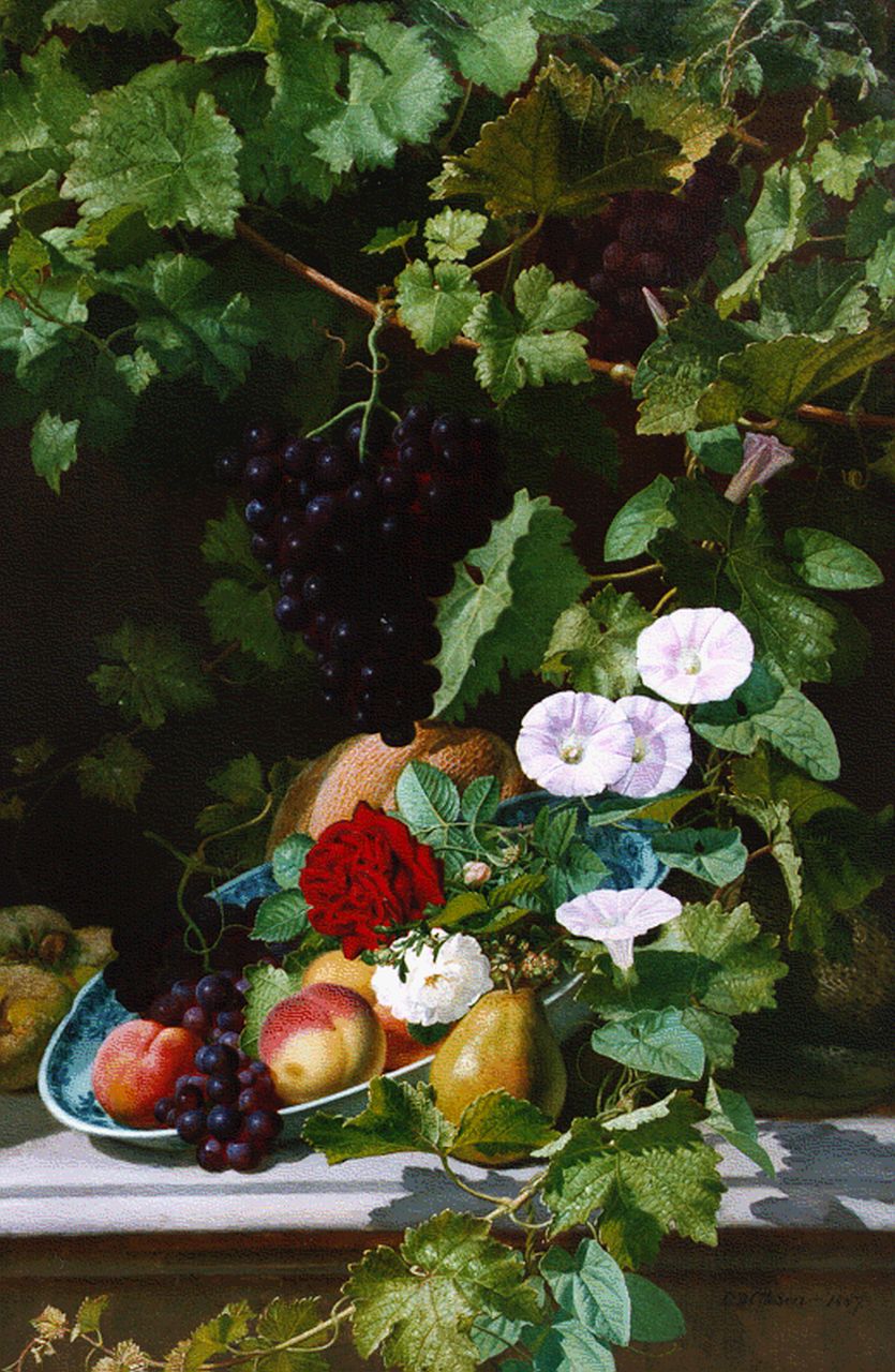 Ottesen O.D.  | Otto Didrik Ottesen, Fruitschaal onder wijnrank, olieverf op paneel 81,4 x 51,3 cm, gesigneerd rechtsonder en gedateerd 1887
