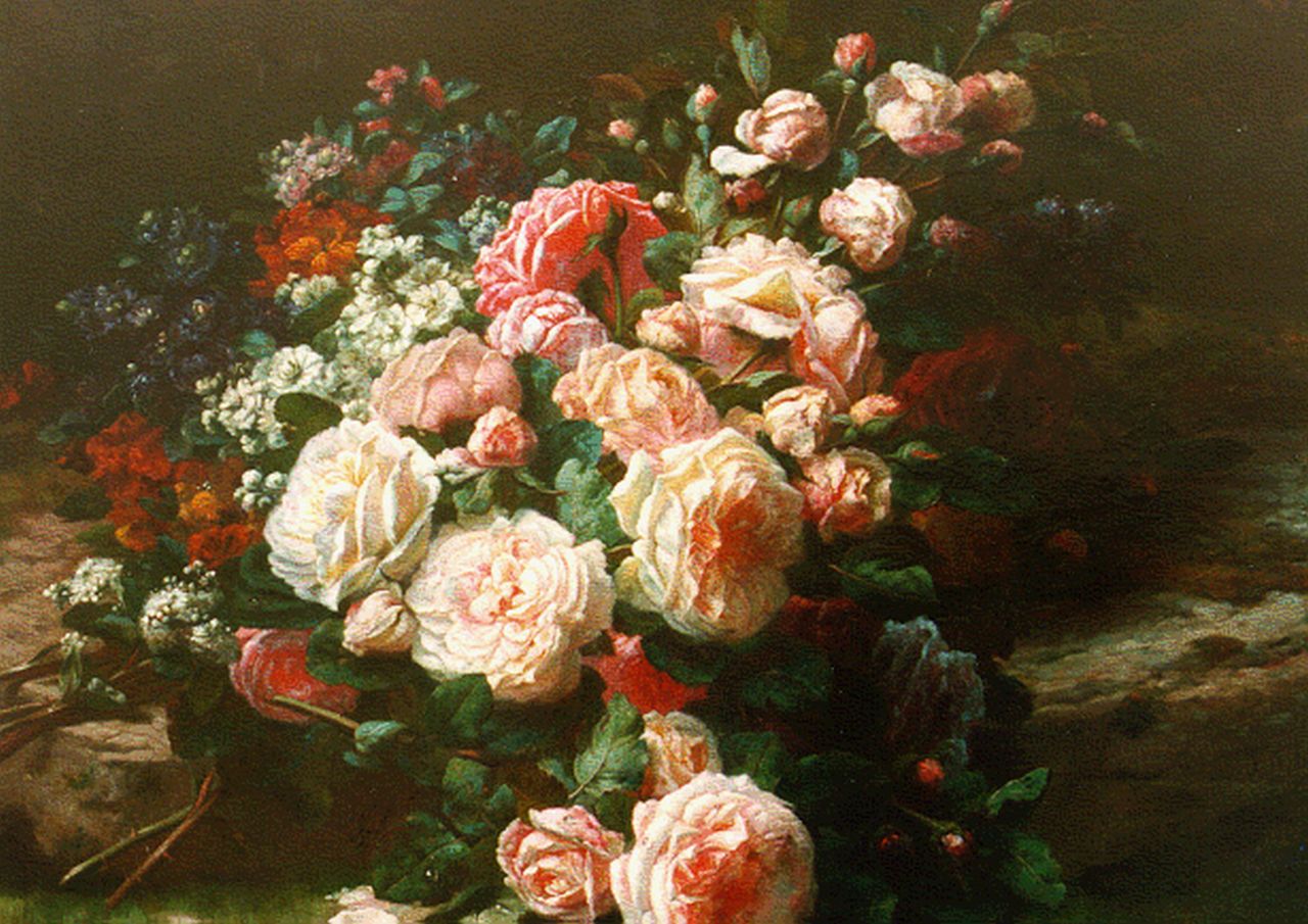 Robie J.B.  | Jean-Baptiste Robie, Boeket rozen bij de bosvijver, olieverf op paneel 55,4 x 67,3 cm, gesigneerd rechtsonder