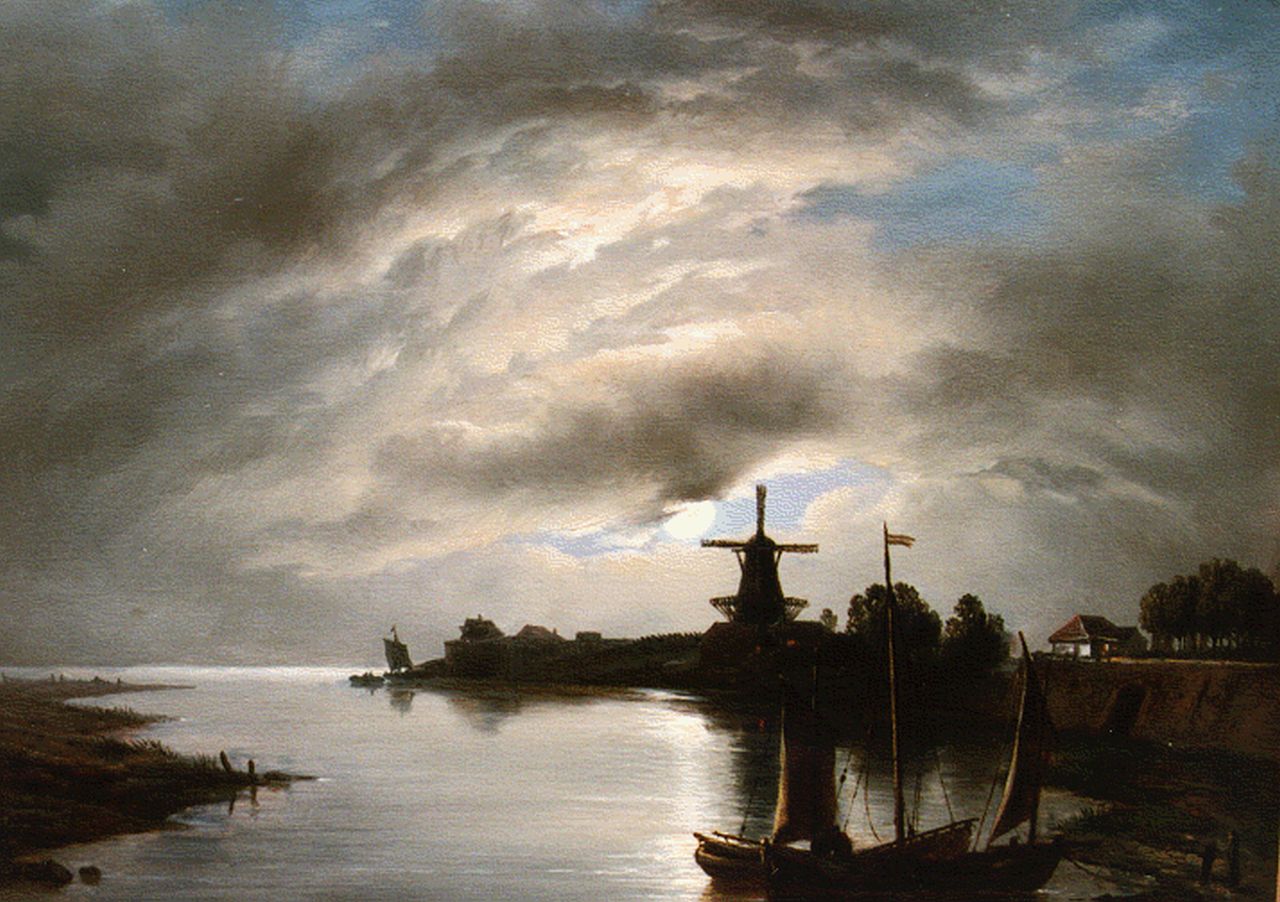 Meijer J.H.L.  | Johan Hendrik 'Louis' Meijer, Riviergezicht bij maanlicht, olieverf op paneel 23,5 x 30,0 cm, gesigneerd linksonder