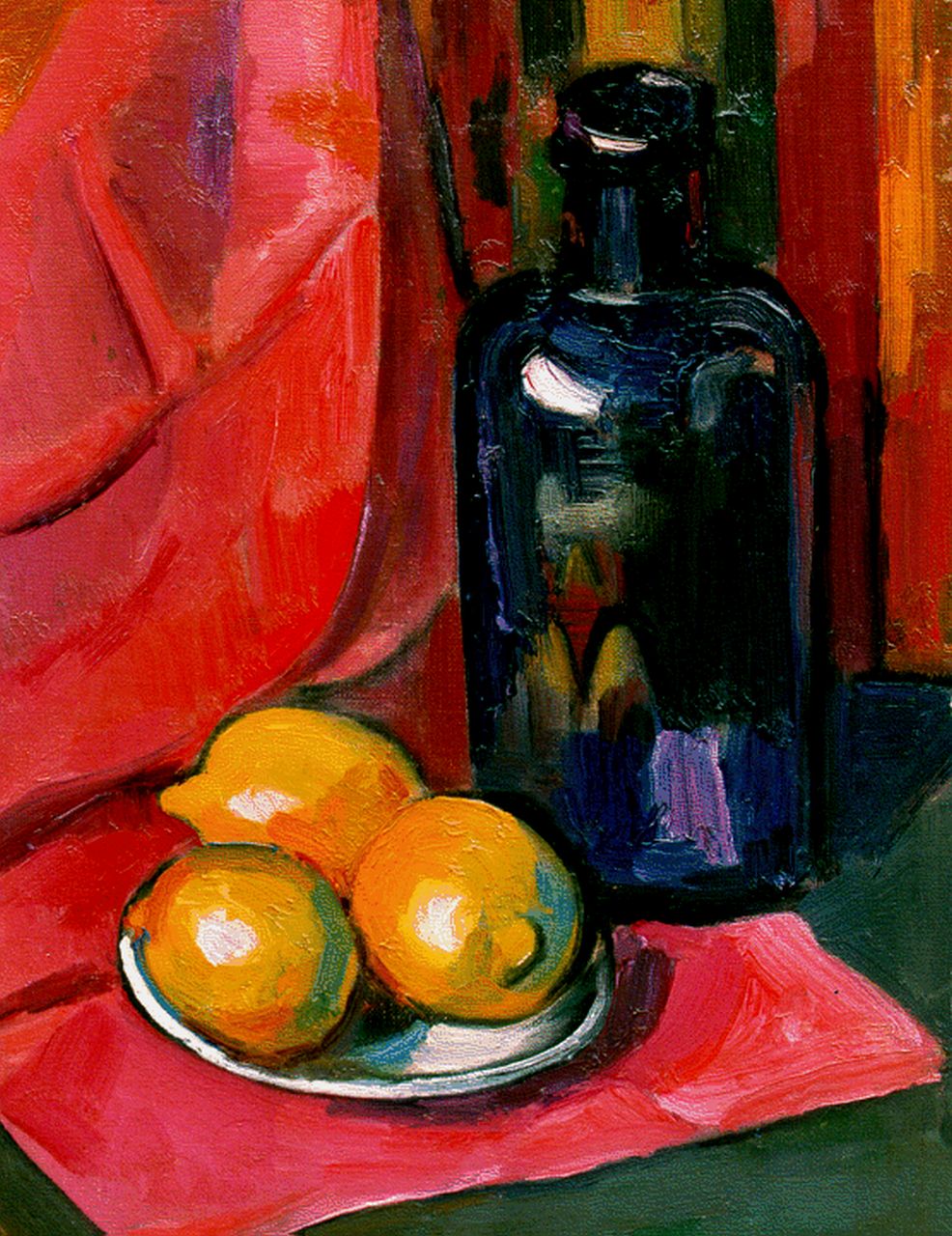 Wiegman M.J.M.  | Mattheus Johannes Marie 'Matthieu' Wiegman, Stilleven met blauwe fles en drie citroenen op een schotel, olieverf op doek 40,0 x 30,0 cm, gesigneerd rechtsonder