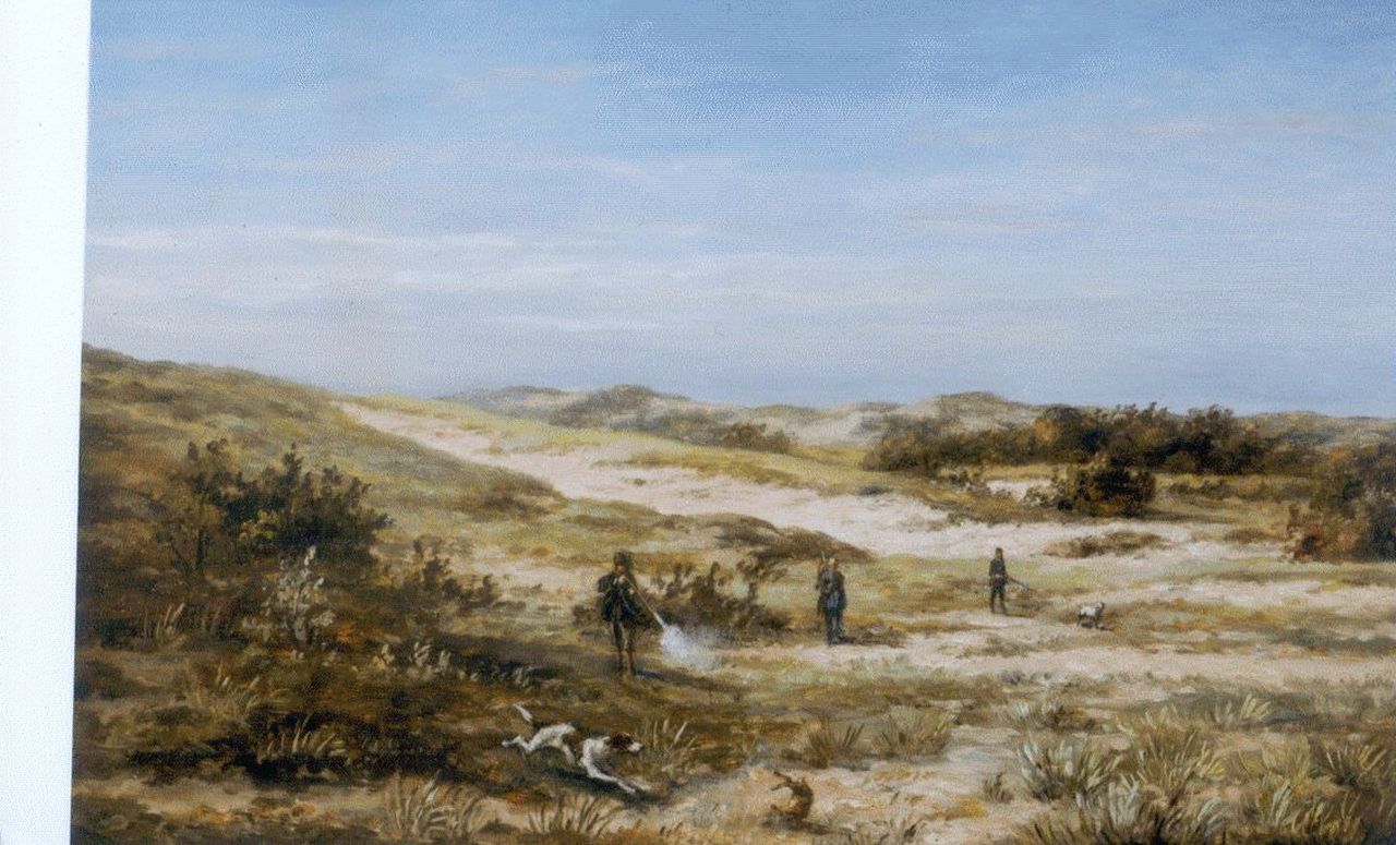 Hulk H.  | Hendrik Hulk, Jagers schieten een konijn in de duinen, olieverf op doek 30,7 x 45,8 cm, gesigneerd rechtsonder