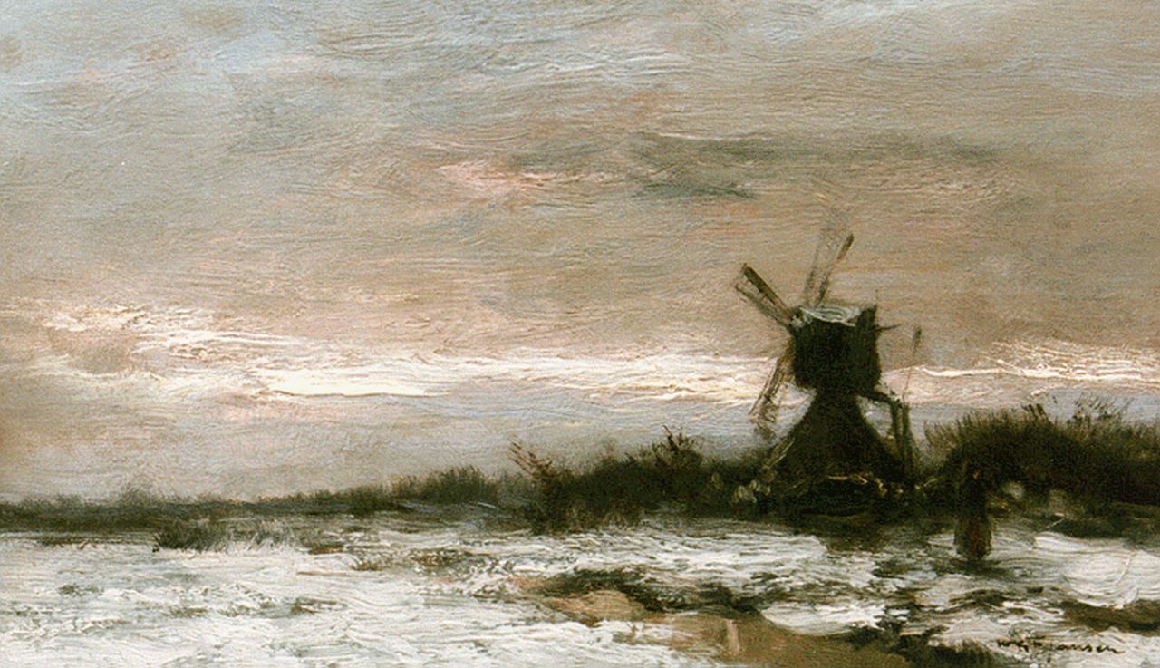 Jansen W.G.F.  | 'Willem' George Frederik Jansen, Molen in een besneeuwd polderlandschap, olieverf op schildersboard 20,6 x 34,5 cm, gesigneerd rechtsonder