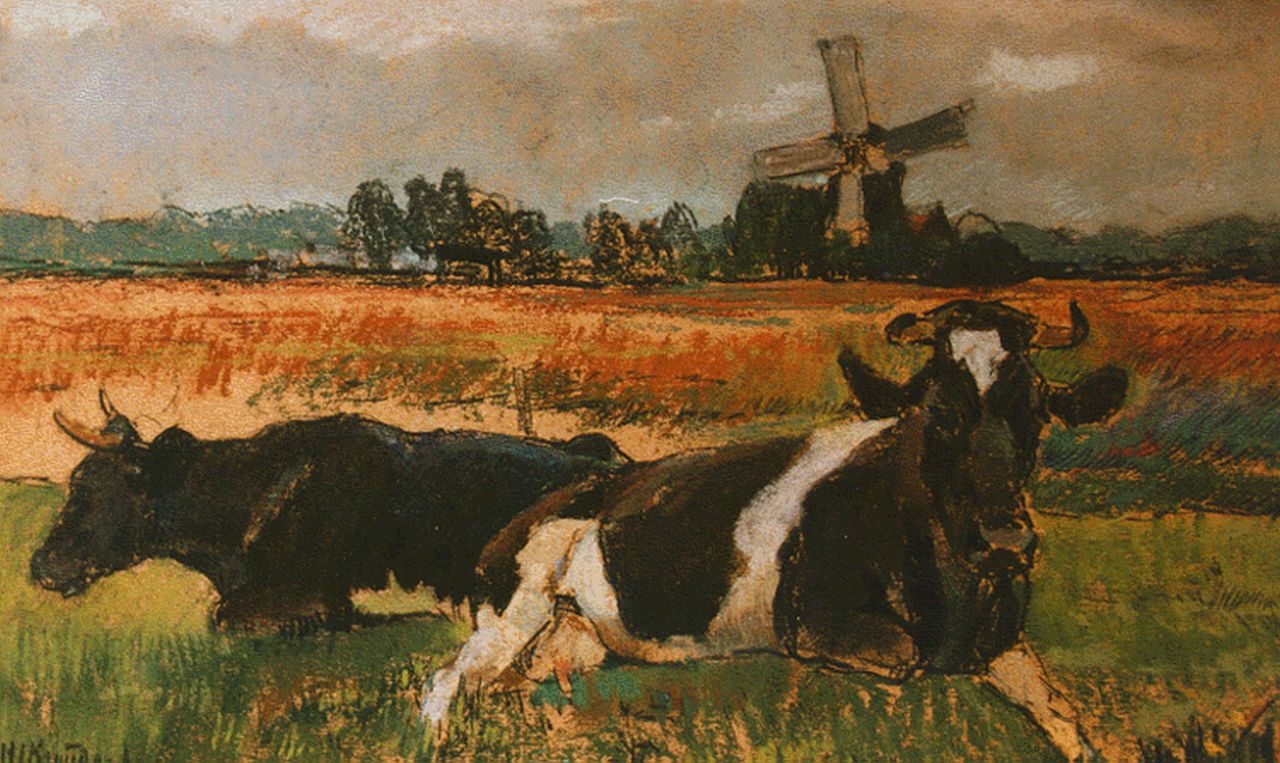 Kruyder H.J.  | 'Herman' Justus Kruyder, Twee koeien in een wei, pastel op schildersboard 20,9 x 33,4 cm, gesigneerd linksonder en gedateerd '12