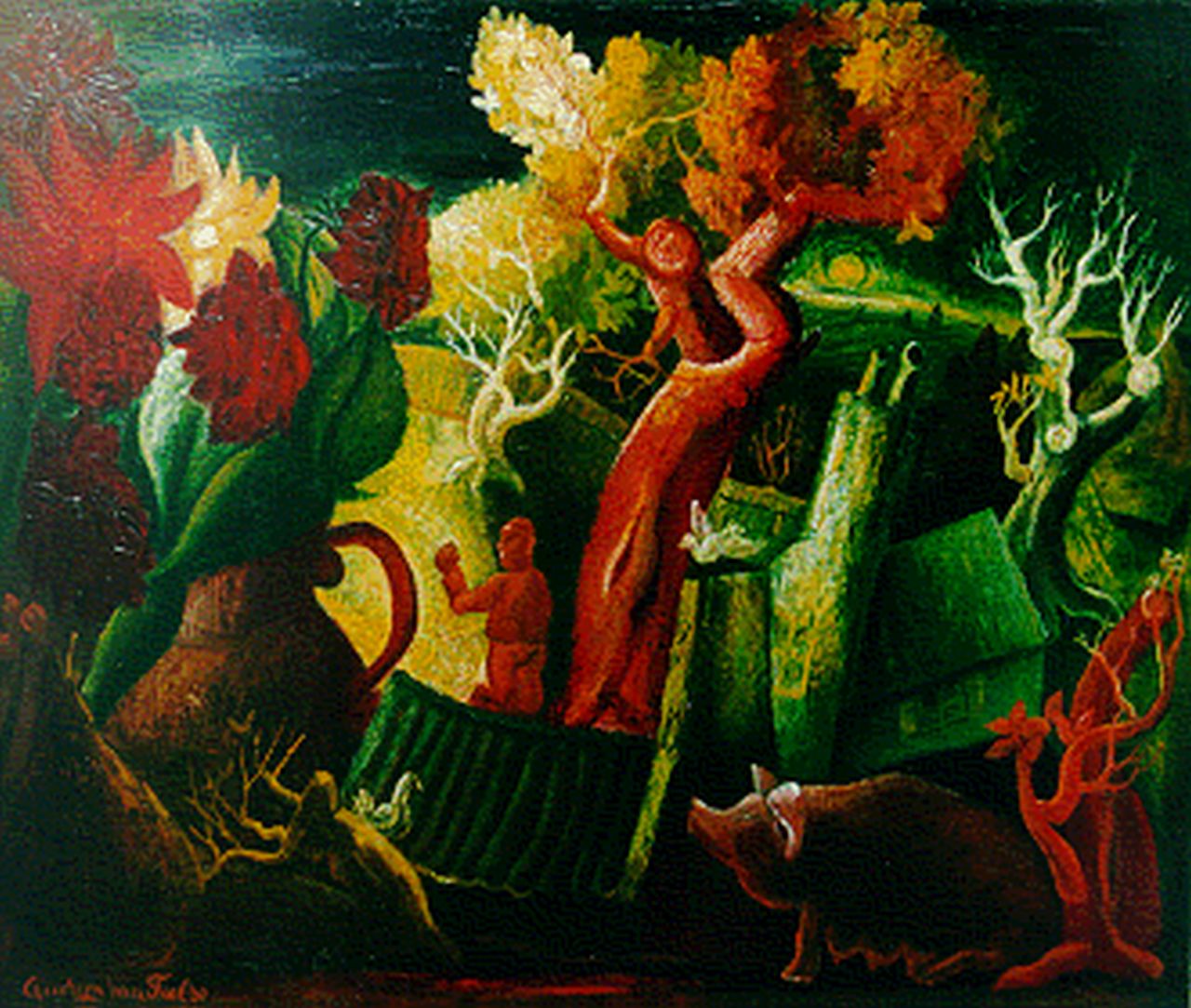 Tiel Q.M.A. van | Quirijn Martinus Adrianus 'Quiryn' van Tiel, Boerderij met varkentje in de herfst, olieverf op doek 66,4 x 80,4 cm, gesigneerd linksonder en gedateerd '36