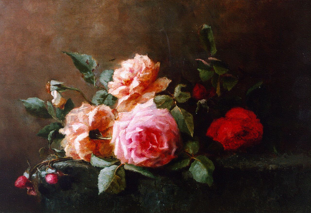 Ruwe L.  | Ruwe, Stilleven met rozen, olieverf op doek 34,0 x 50,3 cm, gesigneerd rechtsonder