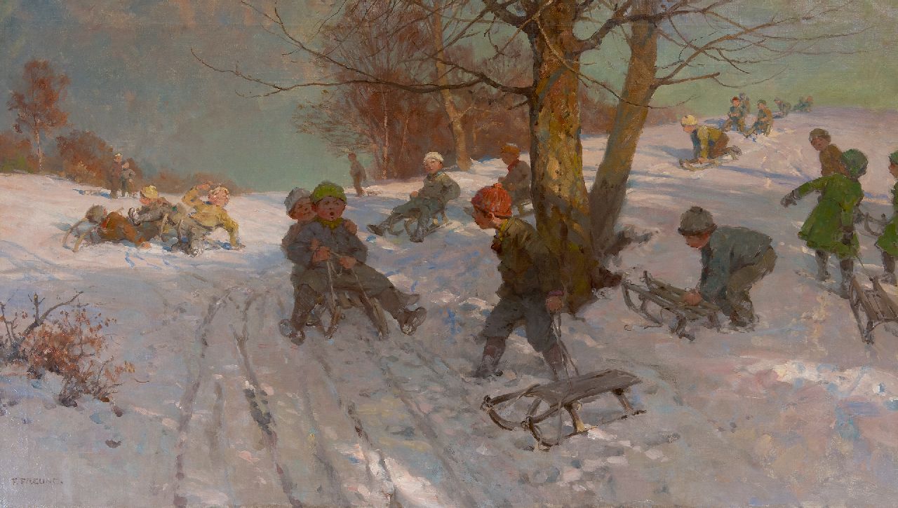 Freund F.  | Fritz Freund, Sneeuwpret, olieverf op doek 70,6 x 120,3 cm, gesigneerd linksonder