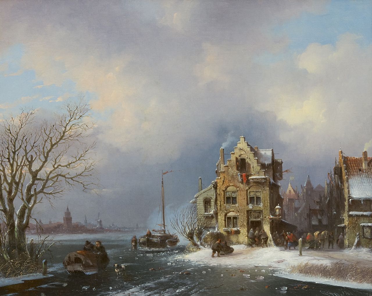 Stok J. van der | Jacobus van der Stok | Schilderijen te koop aangeboden | Bedrijvigheid in een stad aan een bevroren rivier, olieverf op doek 40,8 x 50,6 cm, gesigneerd rechtsonder en gedateerd '59