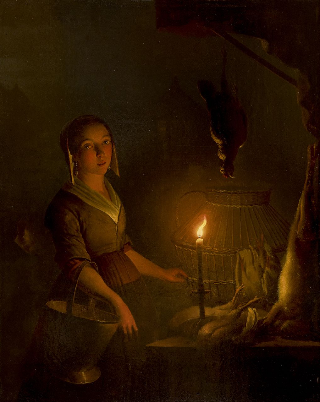 Schendel P. van | Petrus van Schendel | Schilderijen te koop aangeboden | Dienstmeisje bij een poelierstal, olieverf op paneel 39,8 x 32,7 cm, te dateren ca. 1845-1850