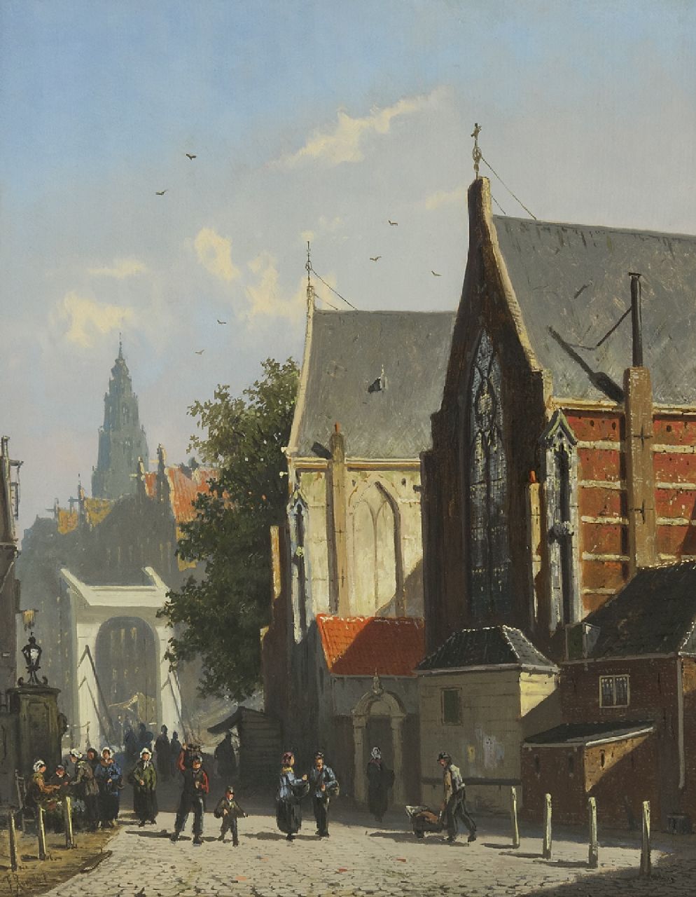 Roosdorp F.  | Frederik Roosdorp | Schilderijen te koop aangeboden | Stadsgezicht met figuren bij een ophaalbrug, olieverf op paneel 34,9 x 28,2 cm, gesigneerd linksonder