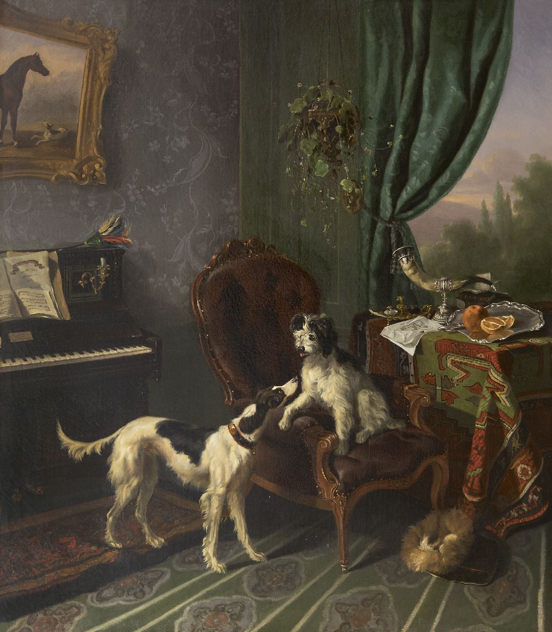 Verschuur W.  | Wouterus Verschuur | Schilderijen te koop aangeboden | Muziekkamer met twee honden, olieverf op doek 90,0 x 79,0 cm, te dateren ca. 1848-1850