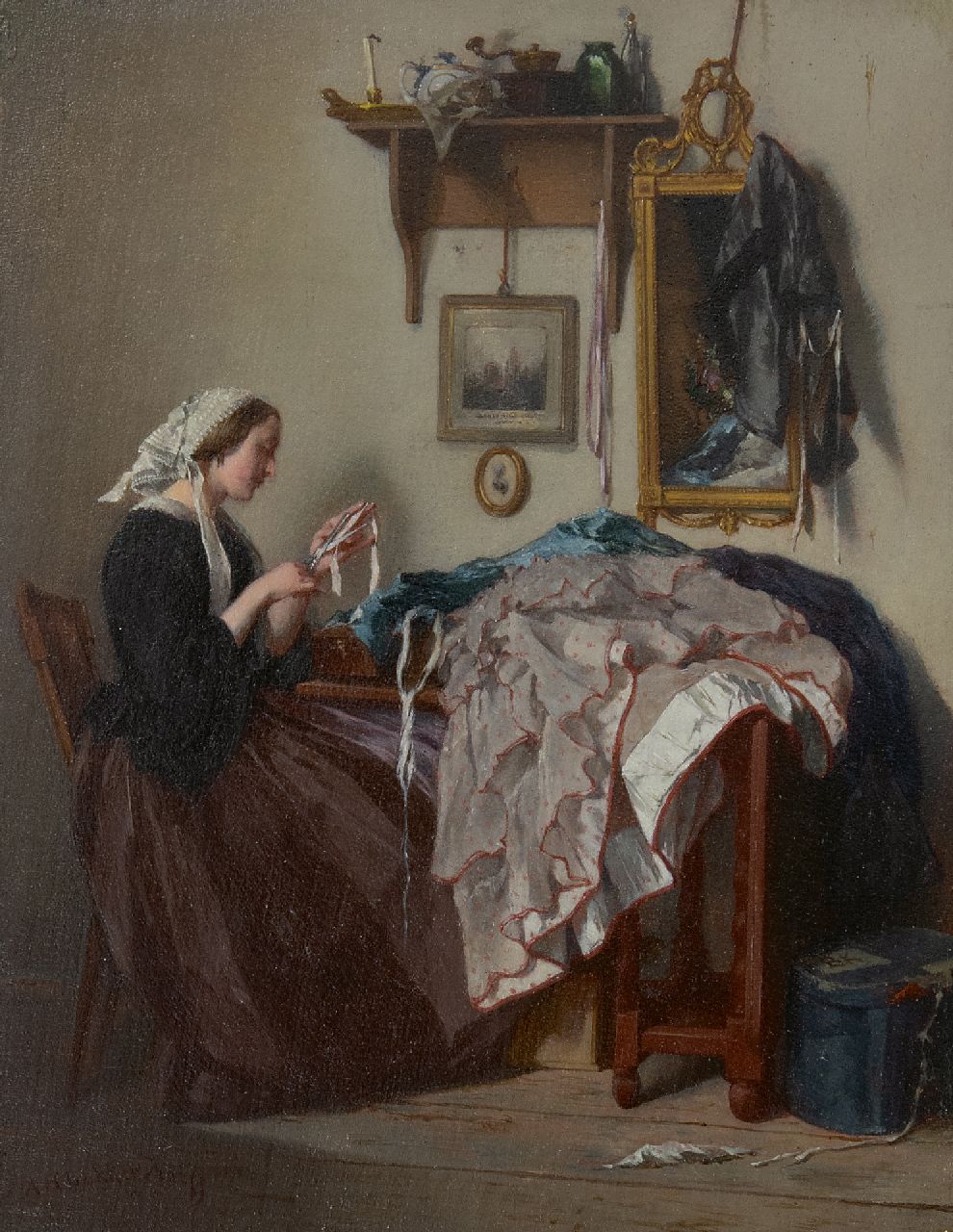 Bakker Korff A.H.  | Alexander Hugo Bakker Korff, De jonge naaister, olieverf op paneel 18,5 x 14,4 cm, gesigneerd linksonder en te dateren ca. 1864