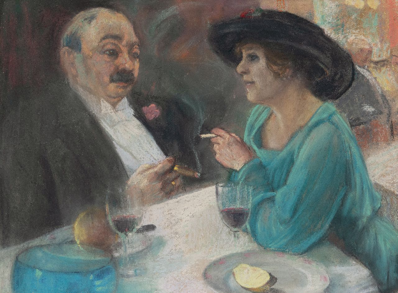 Onbekend | Man en vrouw in een café, pastel op papier, 35,5 x 47,6 cm