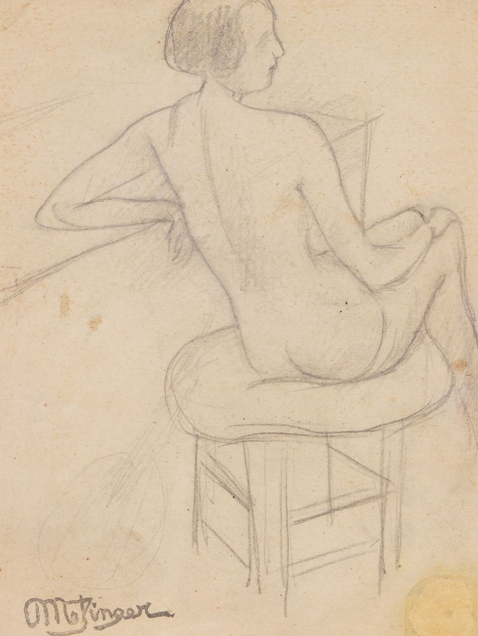Metzinger J.D.A.  | 'Jean' Dominique Antony Metzinger, Etude d'une femme nue assise; verso: Gitarist, potlood op papier 15,5 x 11,0 cm, gesigneerd linksonder en verso met kunstenaarsstempel
