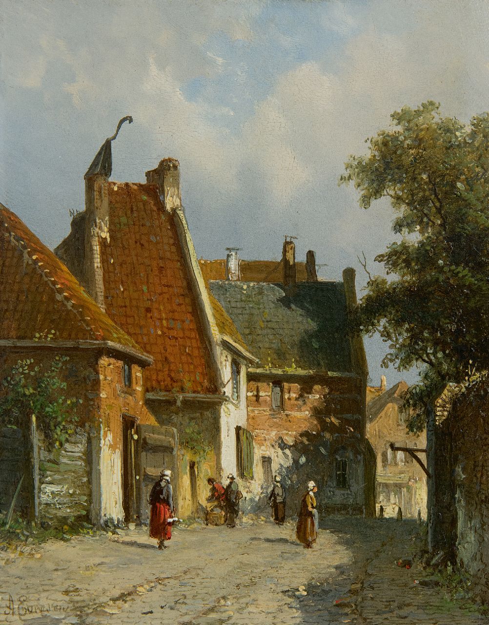 Eversen A.  | Adrianus Eversen | Schilderijen te koop aangeboden | Zonnig dorpsstraatje, olieverf op paneel 19,1 x 14,9 cm, gesigneerd linksonder