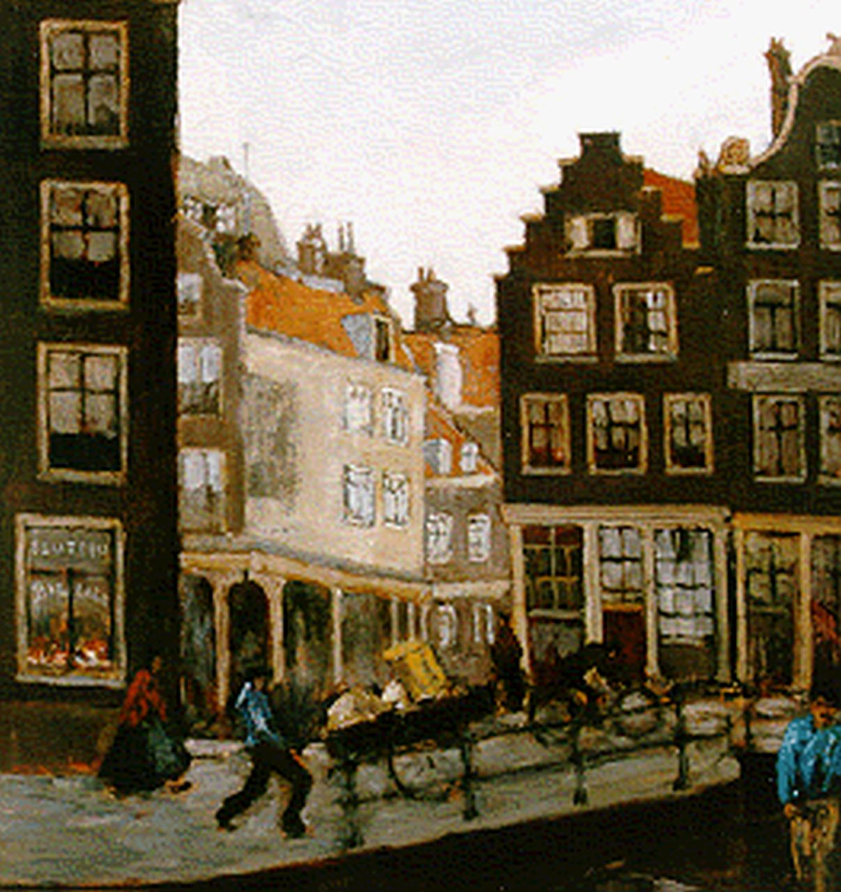 Mackenzie M.H.  | Marie Henri Mackenzie, Amsterdamse gracht met handkar en fietser, olieverf op doek op schildersboard 56,2 x 46,0 cm, gesigneerd linksonder