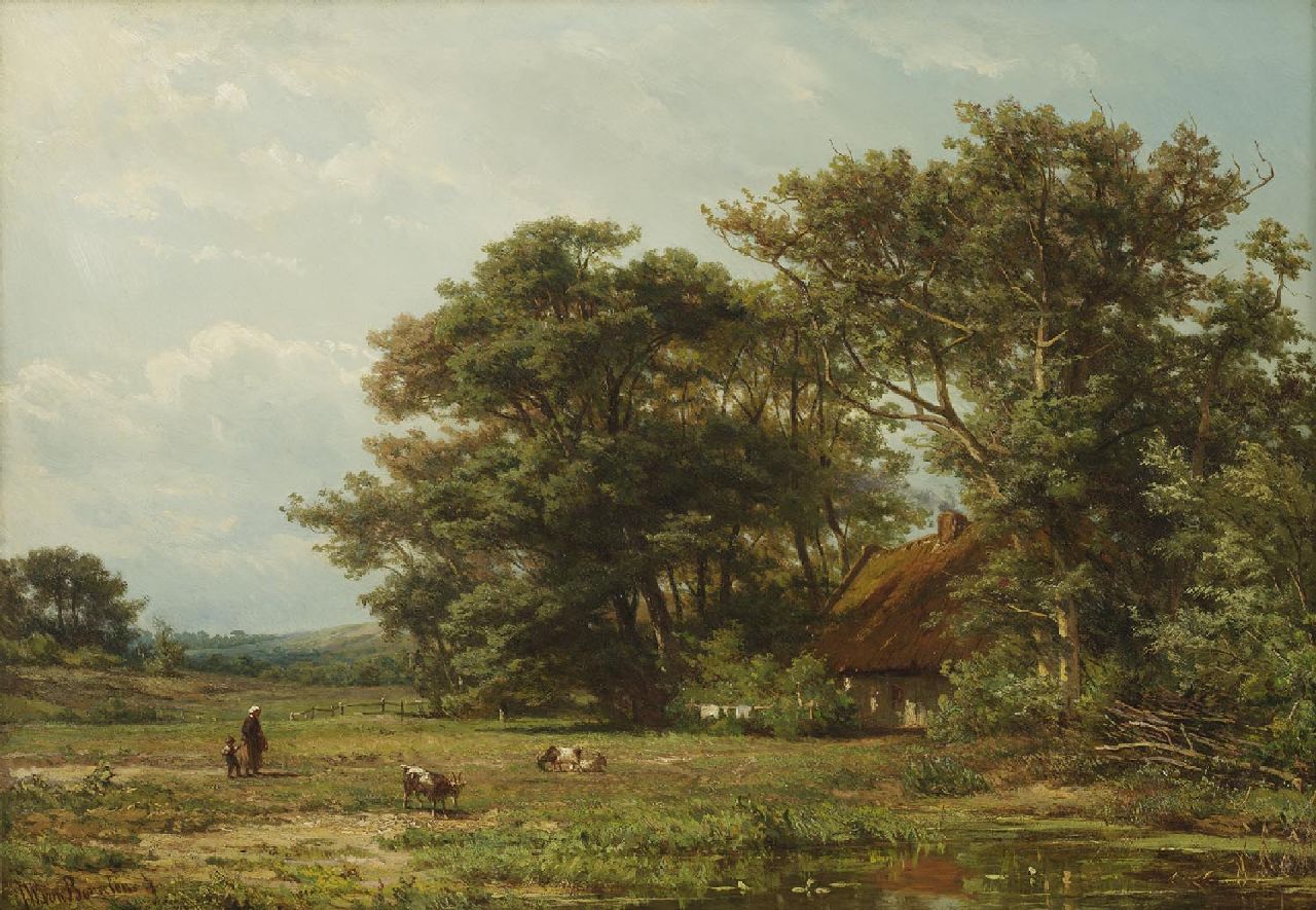 Borselen J.W. van | Jan Willem van Borselen | Schilderijen te koop aangeboden | Boerin en zoon bij een boerenhuis, olieverf op paneel 37,5 x 53,5 cm, gesigneerd linksonder