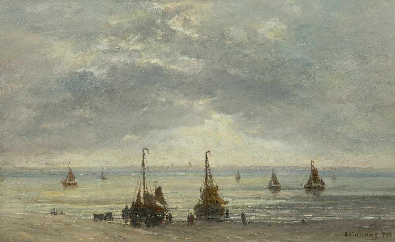 Mesdag H.W.  | Hendrik Willem Mesdag, Bomschuiten aan de kust, olieverf op doek 48,9 x 78,6 cm, gesigneerd rechtsonder en te dateren 1893-1902