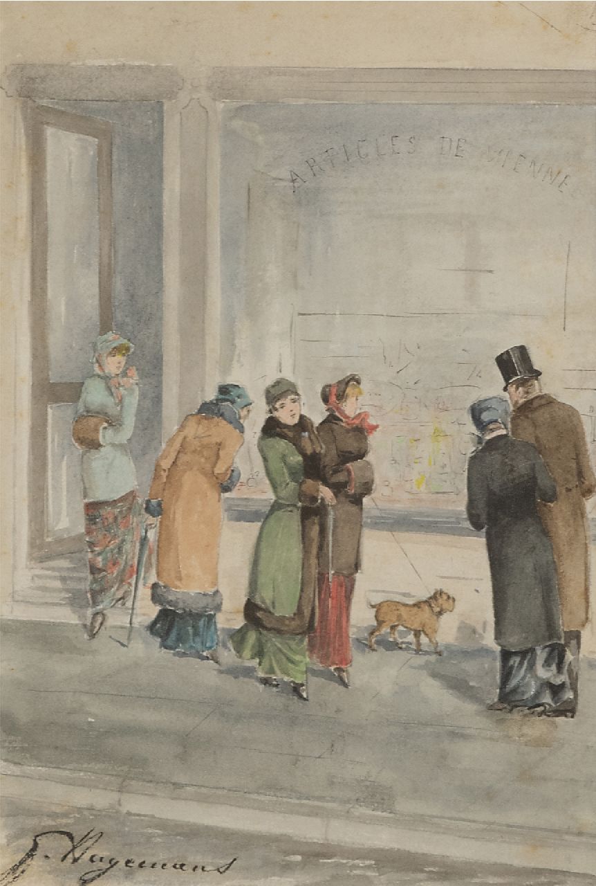 Hagemans G.  | 'Germaine' Paulette Madeleine Yvette Hagemans | Aquarellen en tekeningen te koop aangeboden | Elegante figuren voor een etalage, potlood en aquarel op papier 25,5 x 17,7 cm, gesigneerd linksonder
