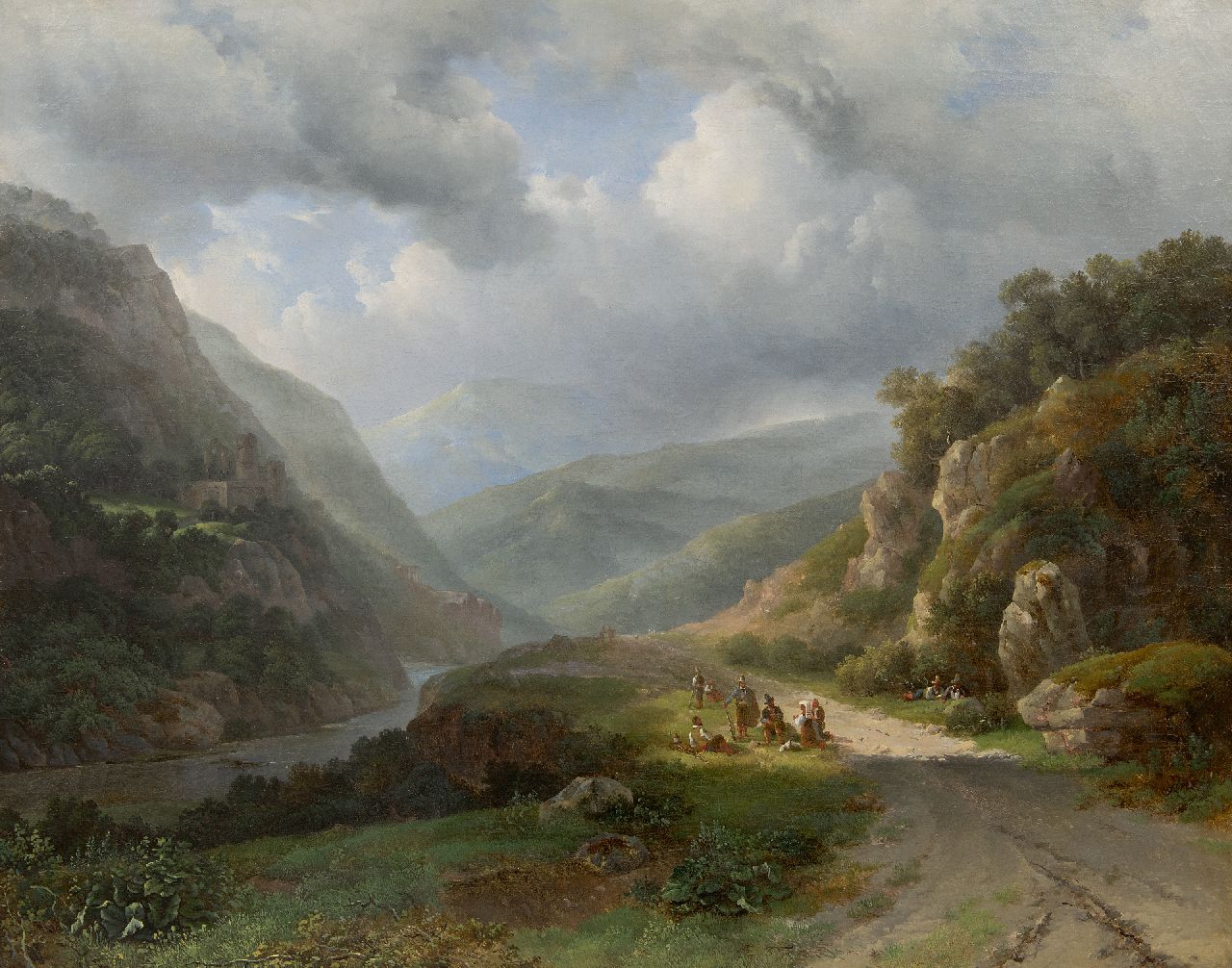 Meijer J.H.L.  | Johan Hendrik 'Louis' Meijer | Schilderijen te koop aangeboden | Berglandschap met figuren, olieverf op doek 67,4 x 84,7 cm, gesigneerd links van het midden