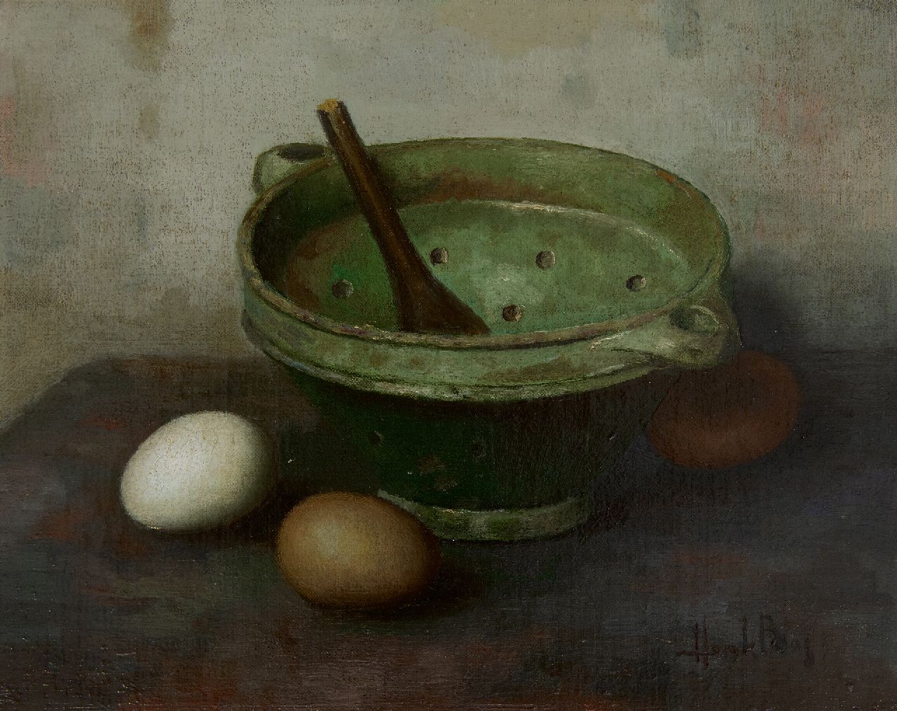 Bos H.  | Hendrik 'Henk' Bos | Schilderijen te koop aangeboden | Stilleven met stenen vergiet en eieren, olieverf op doek op paneel 24,5 x 30,4 cm, gesigneerd rechtsonder