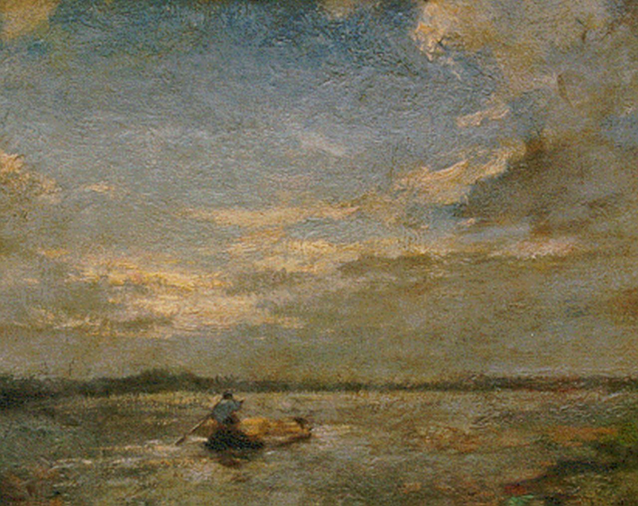 Leeuwen H. van | Hendrik 'Henk' van Leeuwen, Polderlandschap met man in roeiboot, 25,8 x 31,3 cm, gesigneerd rechtsonder
