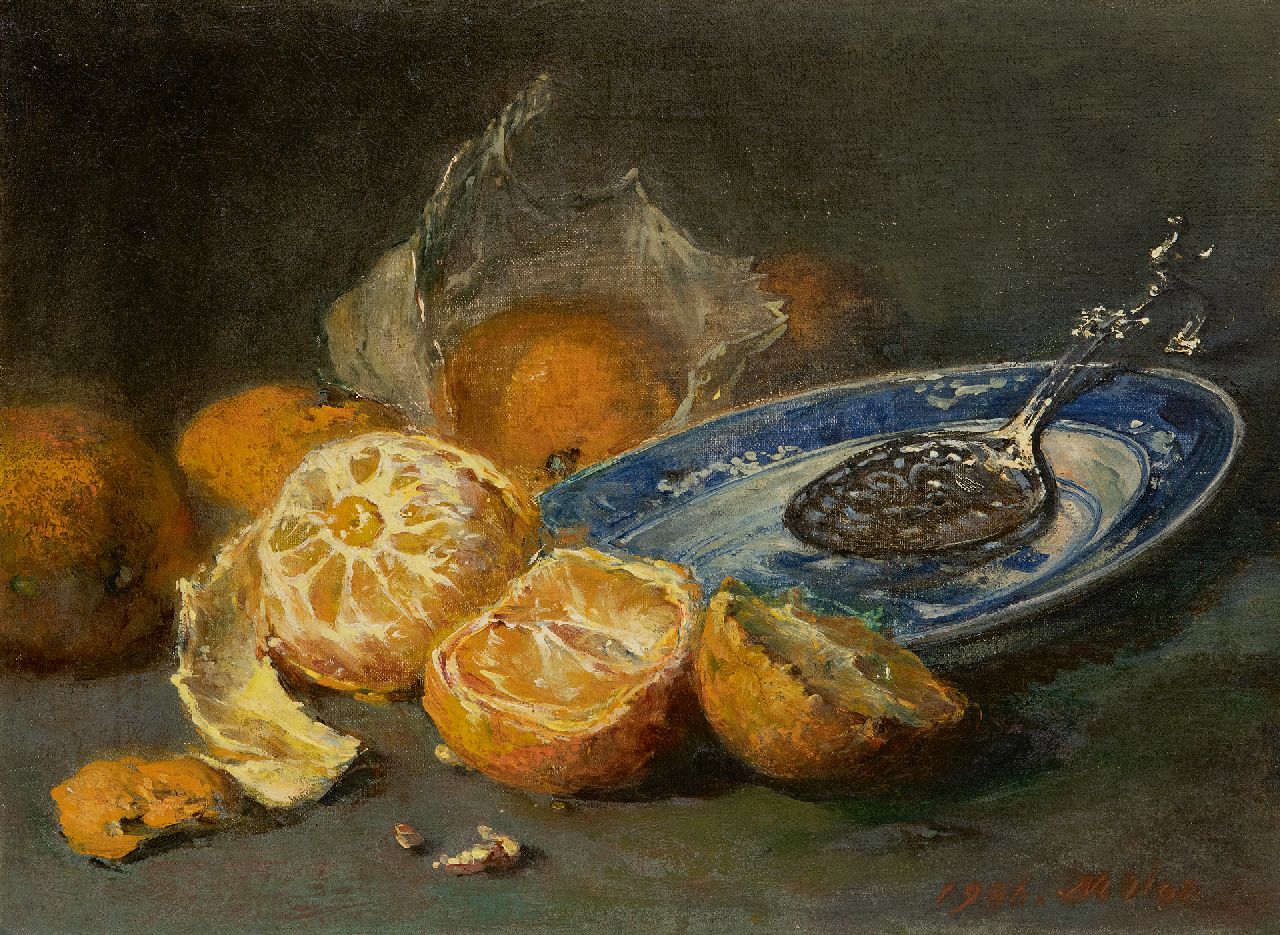 Vos M.  | Maria Vos, Stilleven met sinaasappels en een blauw-wit bord, olieverf op doek 25,4 x 34,1 cm, gesigneerd rechtsonder en gedateerd 1906