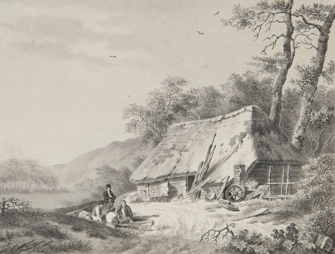 Koekkoek B.C.  | Barend Cornelis Koekkoek, Rustend landvolk bij een schuur, pen, penseel en inkt op papier 17,5 x 22,7 cm, gesigneerd linksonder