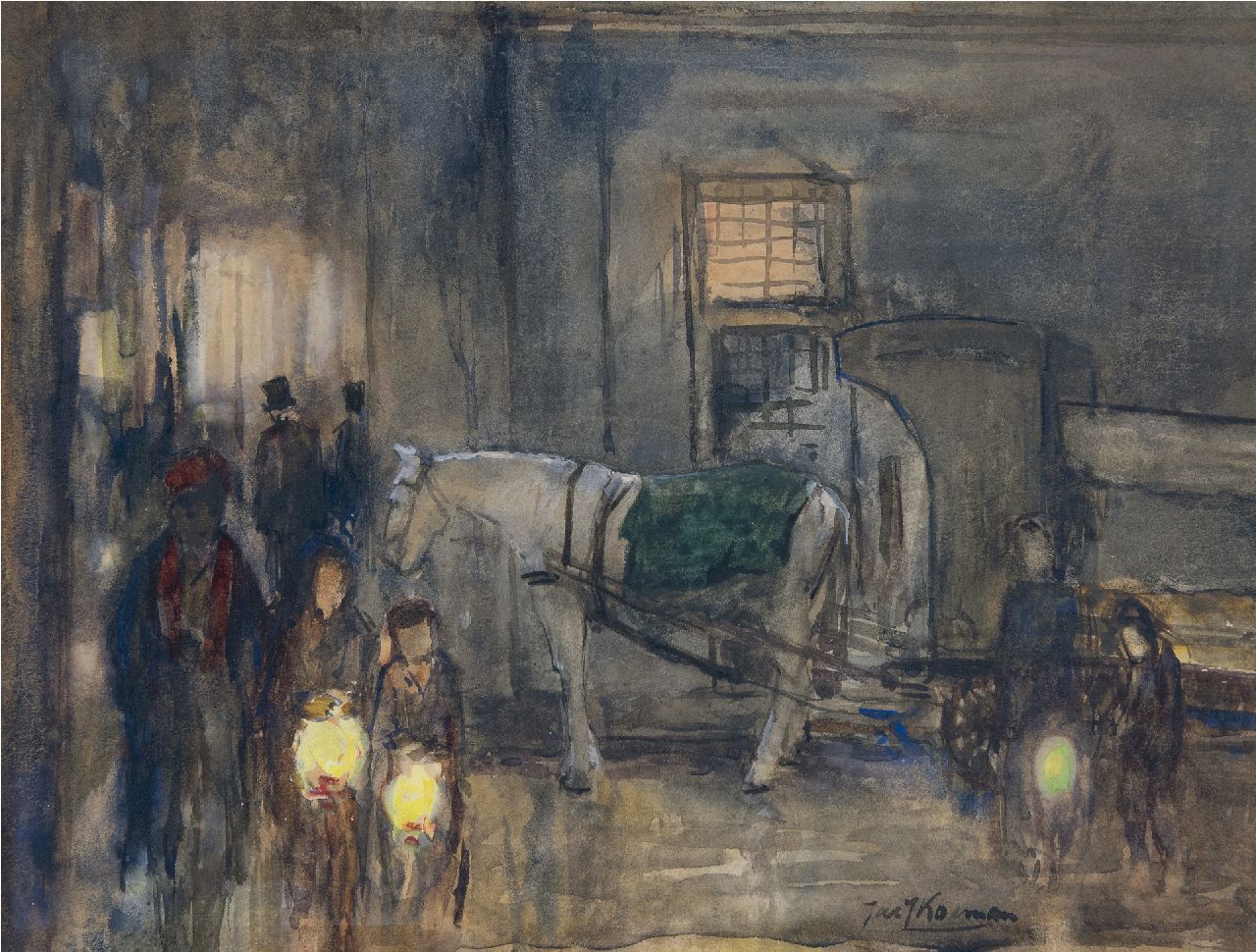 Koeman J.J.  | Jacobus Jan 'Jac. J.' Koeman | Aquarellen en tekeningen te koop aangeboden | Straatgezicht met figuren en paard-en-wagen bij avond, krijt en acryl op papier 28,0 x 37,0 cm, gesigneerd rechtsonder en verso