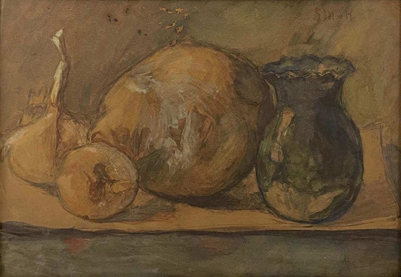 Mesdag-van Houten S.  | Sina 'Sientje' Mesdag-van Houten, Stilleven met fruit en vaasje, aquarel op papier 26,4 x 37,1 cm, gesigneerd rechtsboven met initialen