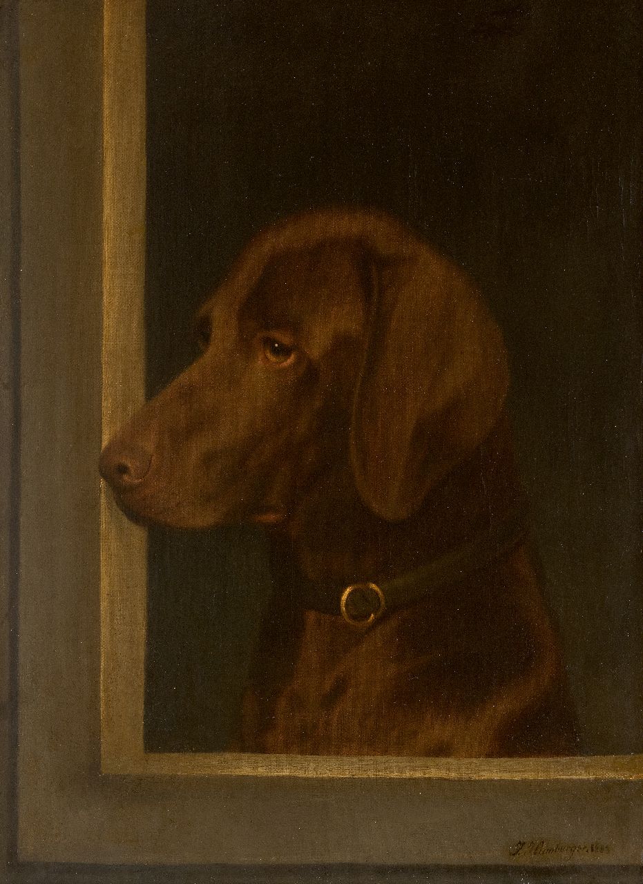 Julius Hamburger | Portret van een jachthond, naar links kijkend, olieverf op doek, 52,6 x 42,5 cm, gesigneerd r.o. en gedateerd 1883