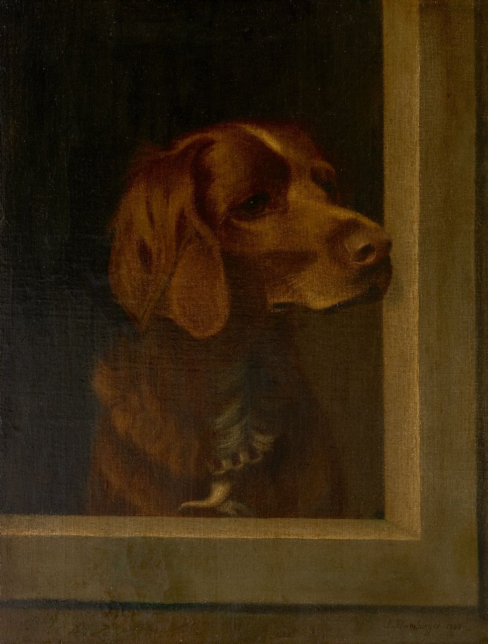 Hamburger J.  | Julius Hamburger | Schilderijen te koop aangeboden | Portret van een jachthond, olieverf op doek op paneel 5,7 x 42,6 cm, gesigneerd rechtsonder en gedateerd 1883