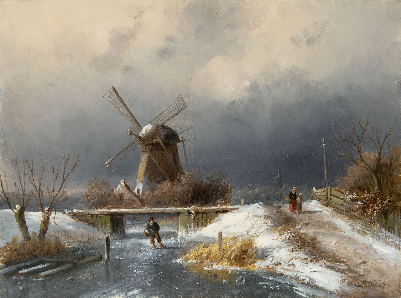 Leickert C.H.J.  | 'Charles' Henri Joseph Leickert | Schilderijen te koop aangeboden | Schaatser op een bevroren vaartje bij een molen, olieverf op paneel 19,2 x 26,0 cm, gesigneerd rechtsonder