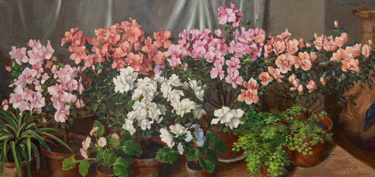 Fleur J.W.  | Johan Willem 'Willy' Fleur | Schilderijen te koop aangeboden | Stilleven van bloeiende azalea's op een tafel, olieverf op doek 60,0 x 119,9 cm, gesigneerd rechtsboven