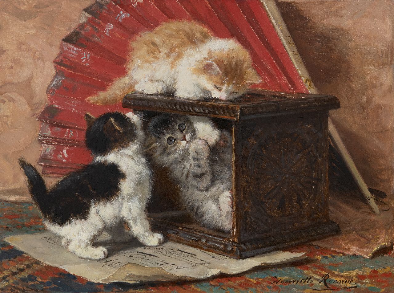 Ronner-Knip H.  | Henriette Ronner-Knip, Stilleven met drie spelende kittens, olieverf op paneel 33,3 x 44,7 cm, gesigneerd rechtsonder