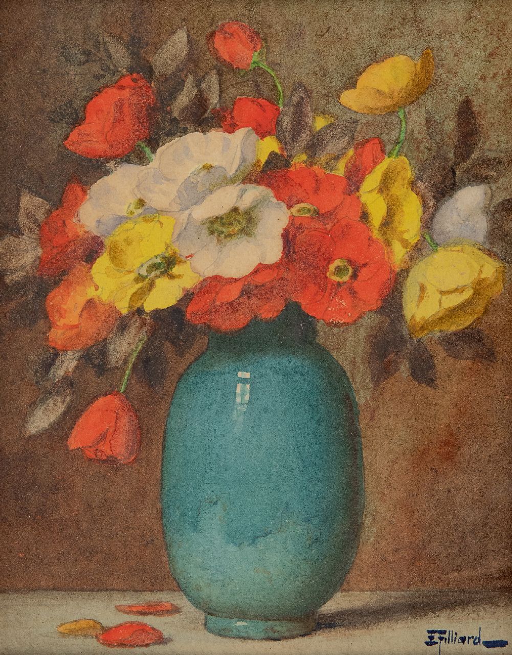 Filliard E.  | Ernest Filliard | Aquarellen en tekeningen te koop aangeboden | Papavers in blauwe vaas, aquarel op papier 16,7 x 13,8 cm, gesigneerd rechtsonder