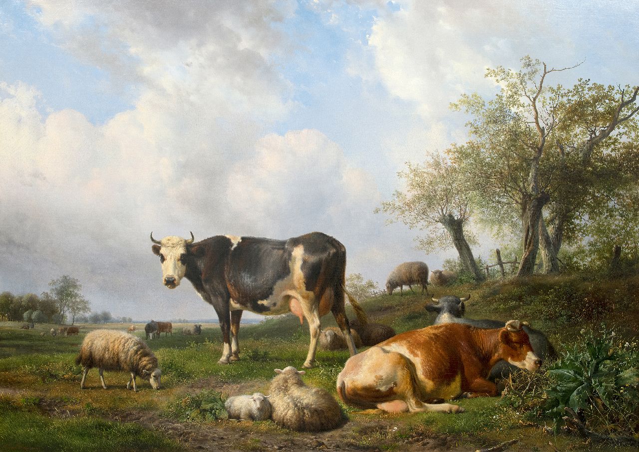 Hendrikus van de Sande Bakhuyzen | Landschap met rustende koeien en schapen, olieverf op doek, 108,0 x 150,0 cm, gesigneerd l.o.