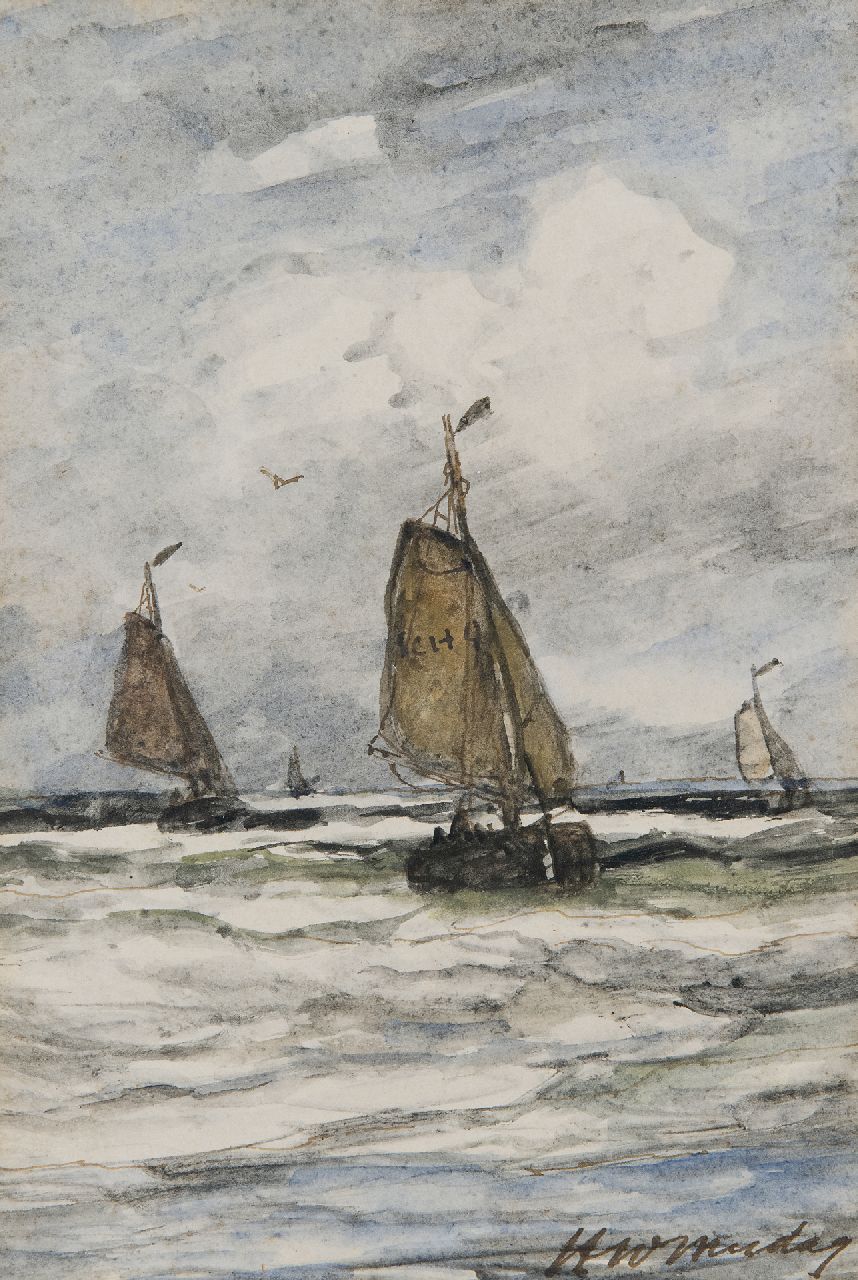 Mesdag H.W.  | Hendrik Willem Mesdag, Terugkeer van de Scheveningse vissersvloot, voorop de SCH-9, bruine inkt en aquarel op papier 19,5 x 15,5 cm, gesigneerd rechtsonder