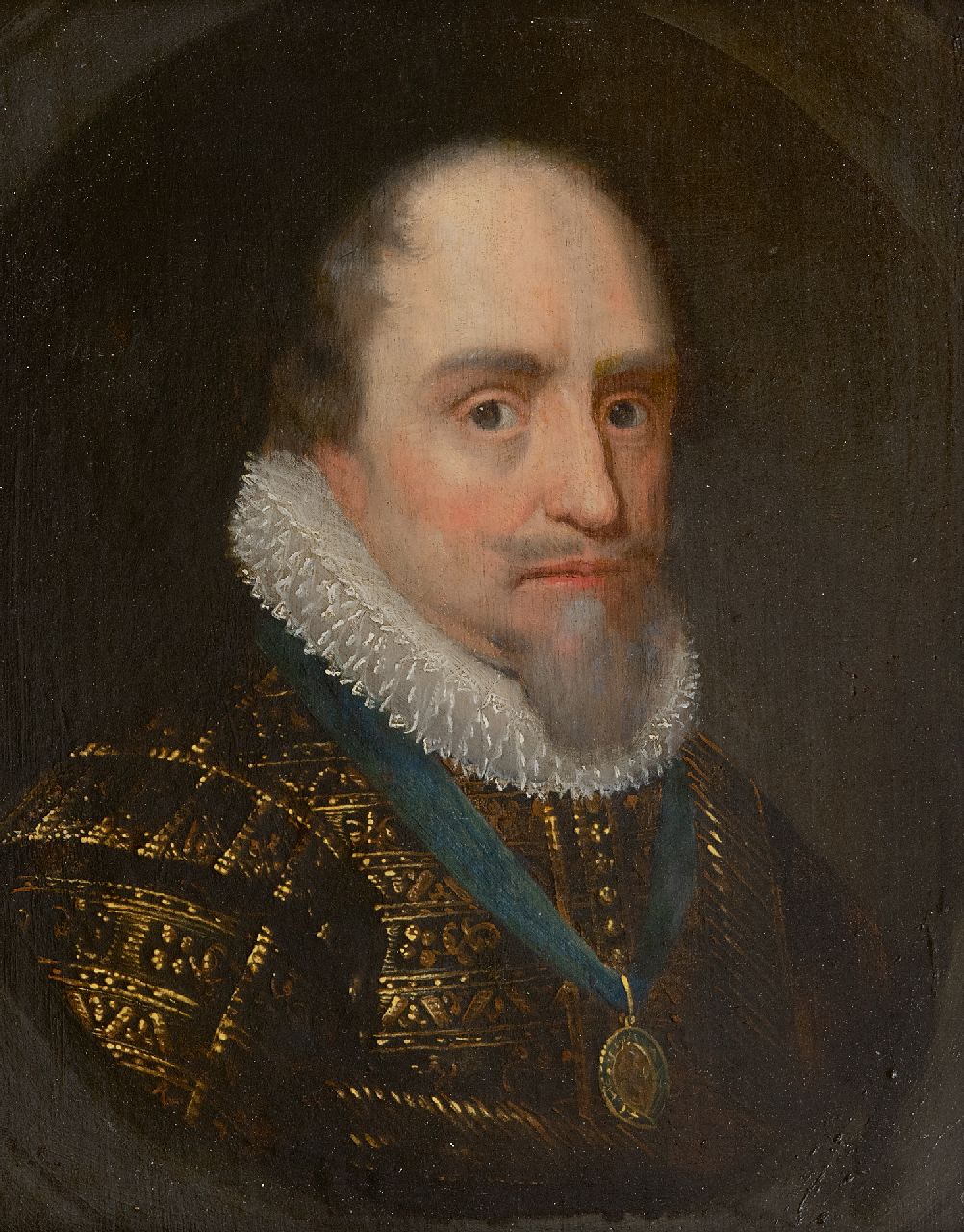 Mierevelt (atelier van) M.J. van | Michiel Jansz. van Mierevelt (atelier van) | Schilderijen te koop aangeboden | Portret van Maurits, ca 1620, Prins van Oranje-Nassau (1567-1625), lid van De Orde van de Kousenband in 1612, olieverf op paneel 27,0 x 20,0 cm