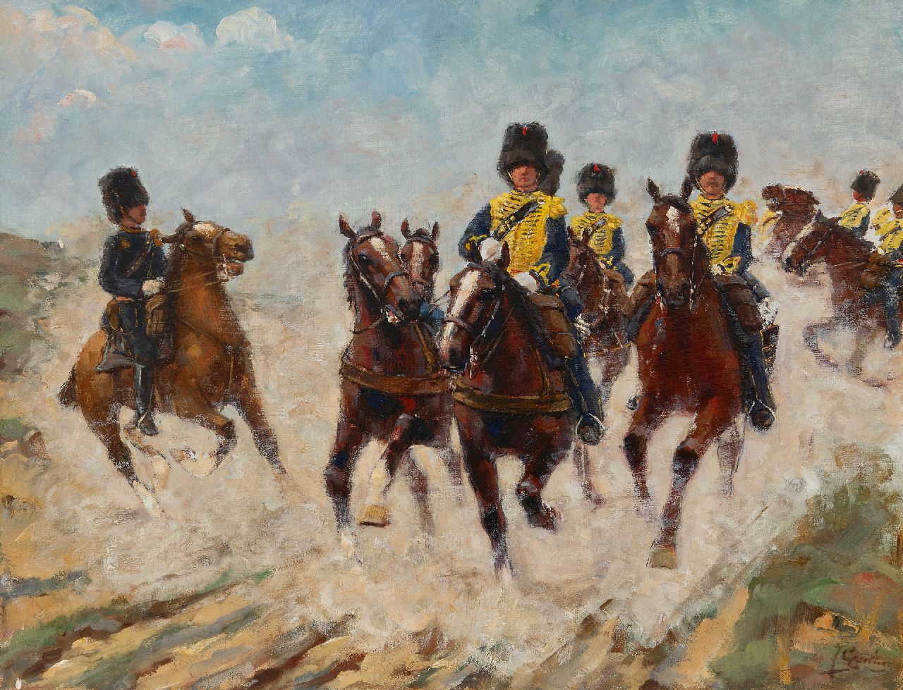 Geerlings J.H.  | Jacob Hendrik Geerlings, Gele rijders in actie, olieverf op doek 49,7 x 64,4 cm, gesigneerd rechtsonder