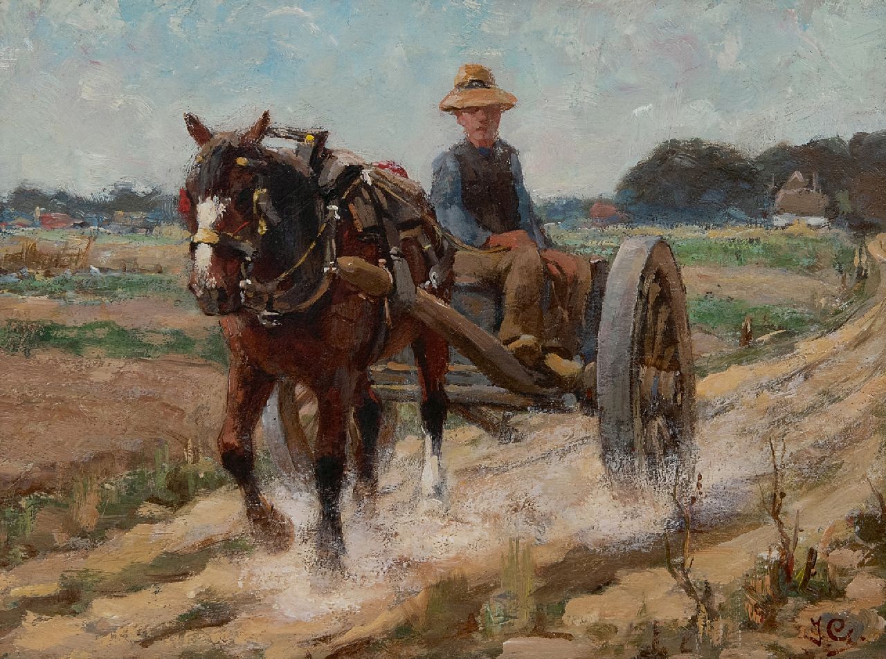 Jacob Hendrik Geerlings | Paard en wagen op een landweg, olieverf op paneel, 21,5 x 28,7 cm, gesigneerd r.o.
