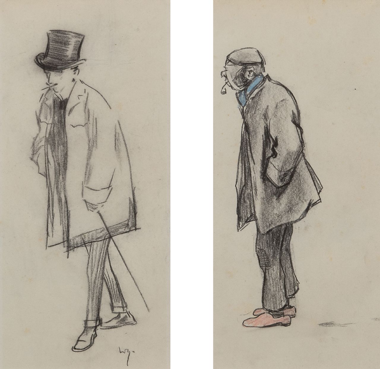 Sluiter J.W.  | Jan Willem 'Willy' Sluiter | Aquarellen en tekeningen te koop aangeboden | Een heer met hoge hoed; een werkman met pijp, potlood en kleurpotlood op papier 29,5 x 30,0 cm, gesigneerd linksonder