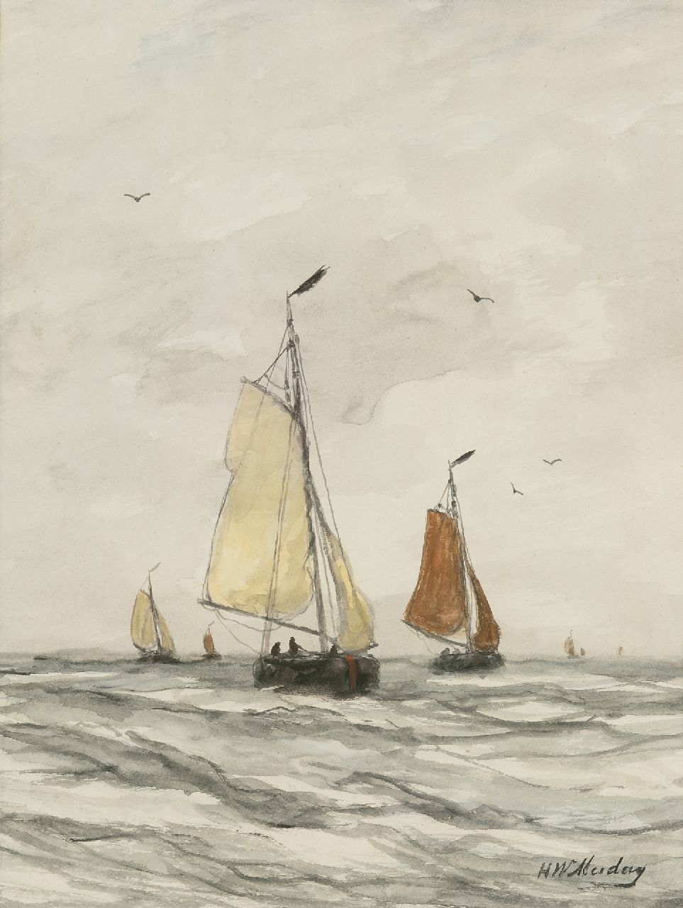 Mesdag H.W.  | Hendrik Willem Mesdag, Vissersboten op open zee, aquarel op papier 41,0 x 30,5 cm, gesigneerd rechtsonder