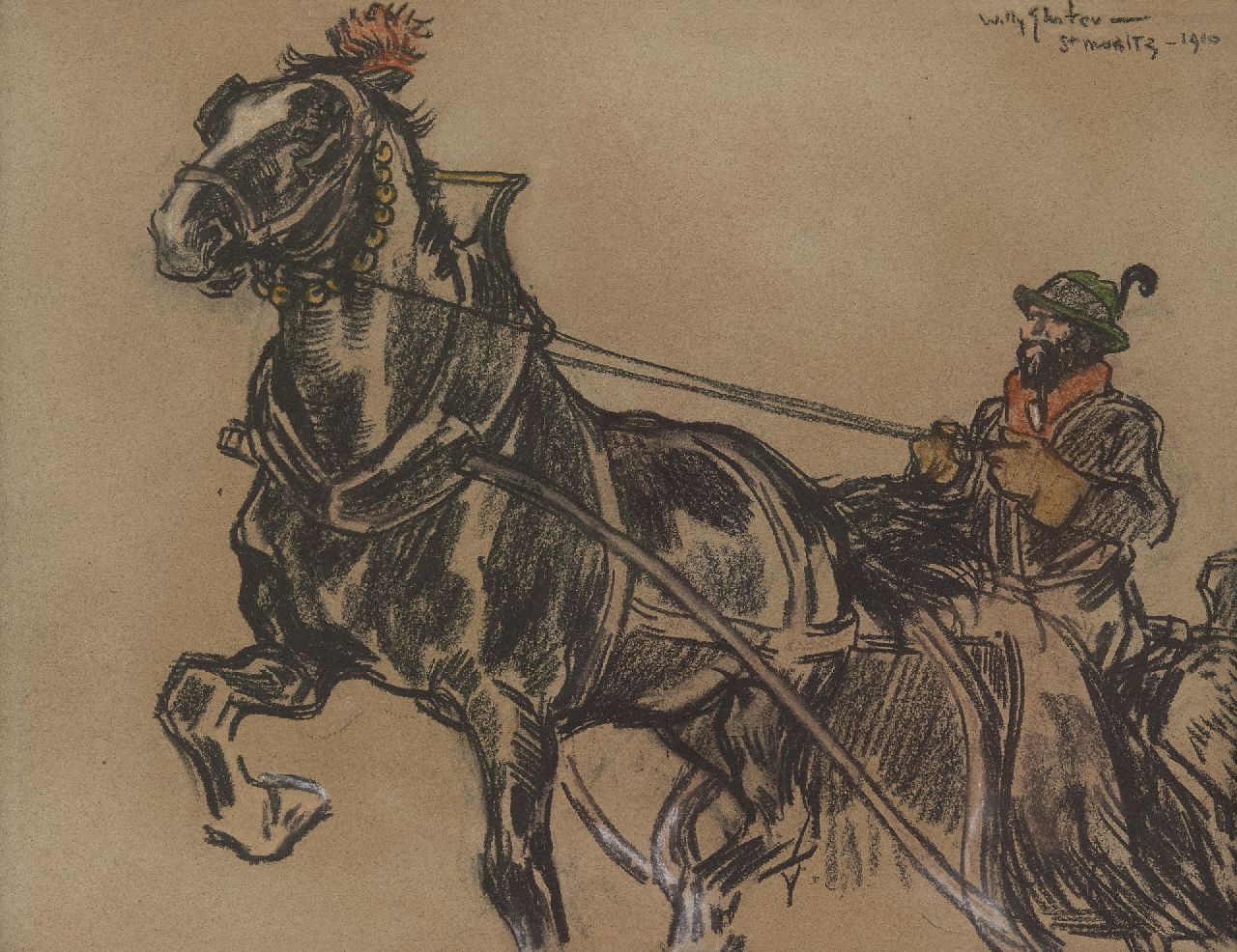 Sluiter J.W.  | Jan Willem 'Willy' Sluiter, Met de arrenslee door St. Moritz, gekleurd krijt op papier 31,5 x 41,2 cm, gesigneerd rechtsboven en gedateerd 1910