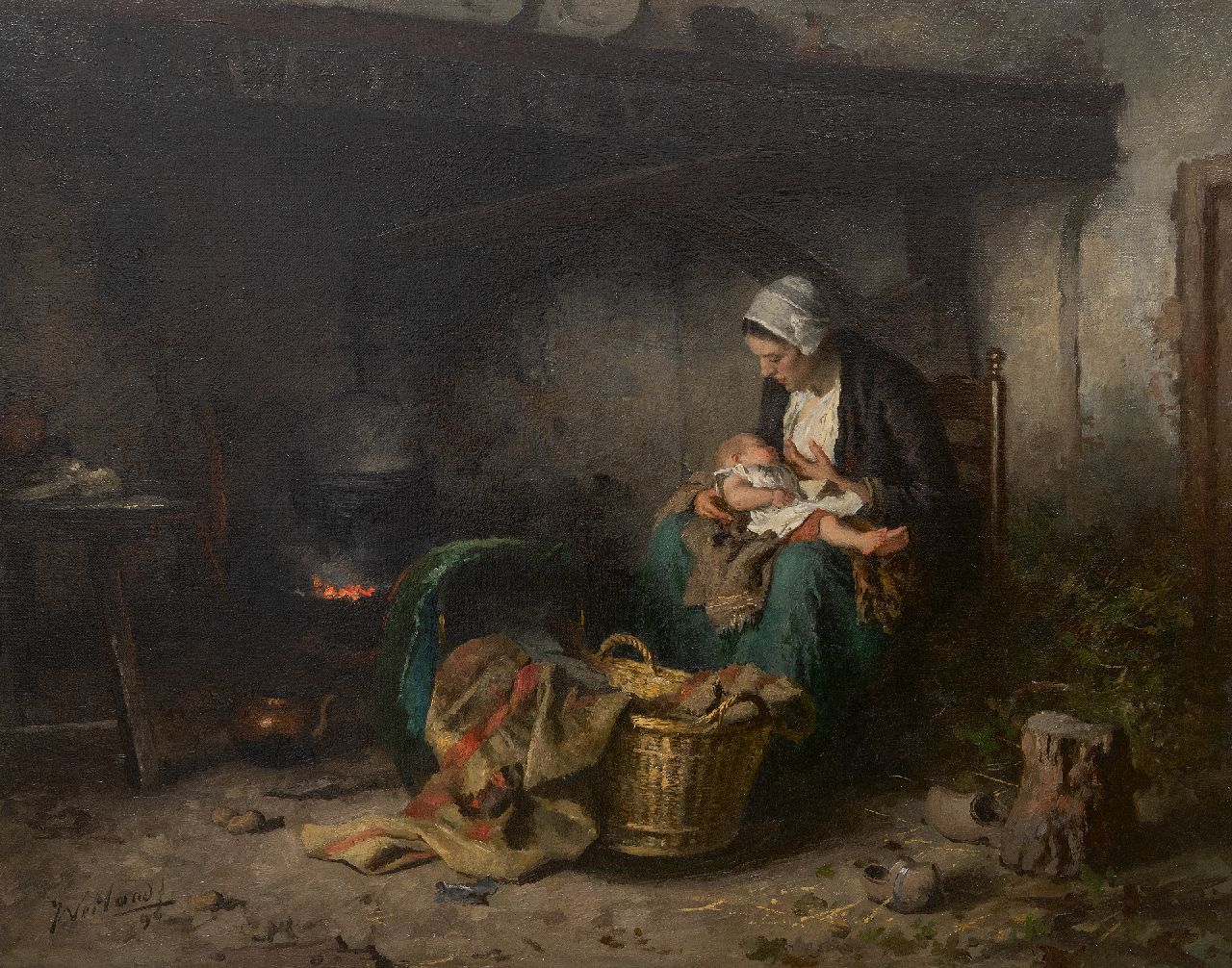 Johannes Weiland | Boereninterieur met moeder en kind, olieverf op doek, 65,3 x 81,2 cm, gesigneerd l.o. en gedateerd '96