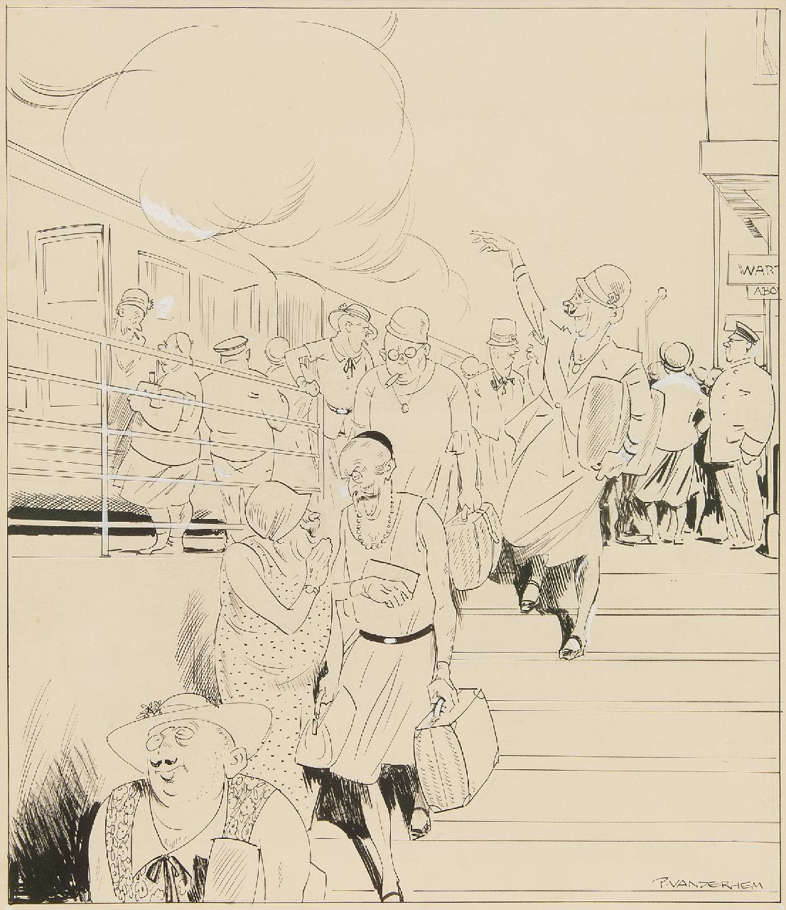 Hem P. van der | Pieter 'Piet' van der Hem | Aquarellen en tekeningen te koop aangeboden | Op het station, inkt en aquarel op papier 49,8 x 35,0 cm, gesigneerd rechtsonder