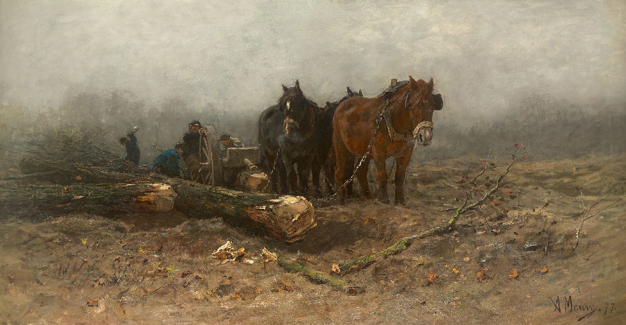 Mauve A.  | Anthonij 'Anton' Mauve, Houthakkers, boomstammen en mallejan met paarden, olieverf op doek 106,6 x 205,8 cm, gesigneerd rechtsonder en gedateerd '77