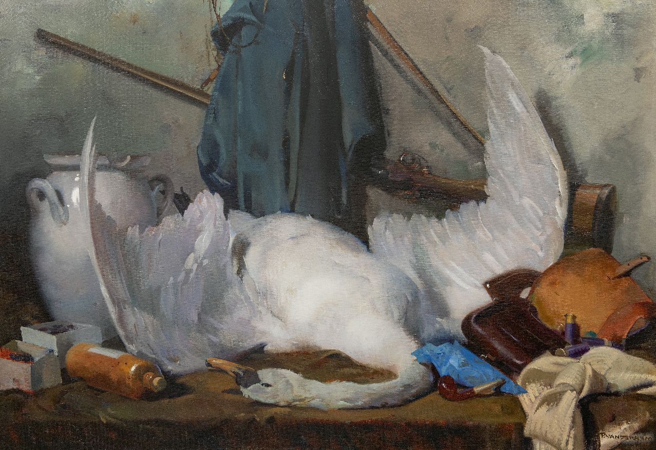 Hem P. van der | Pieter 'Piet' van der Hem | Schilderijen te koop aangeboden | Jachtstilleven met zwaan, olieverf op doek 88,4 x 122,8 cm, gesigneerd rechtsonder